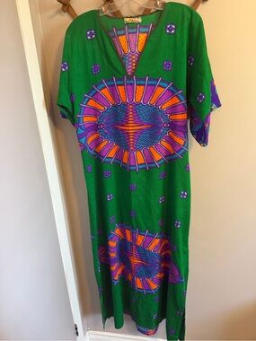 Vintage Garments of Barbados Kaftan Maxi Green Purple Geometric Festival S/M